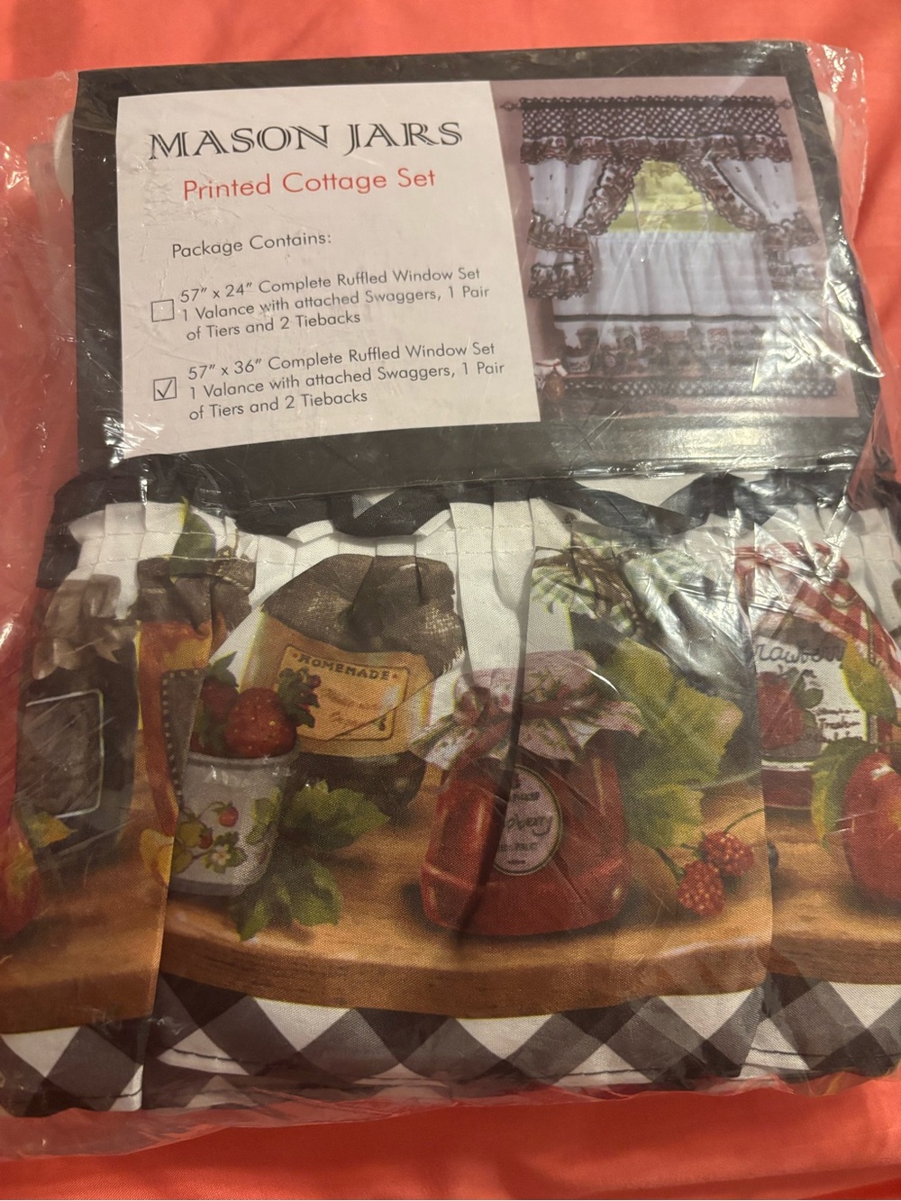 NIP Mason Jars Printed Cottage Window Set 57x36 Valance Tiers Tiebacks Fruit Jam